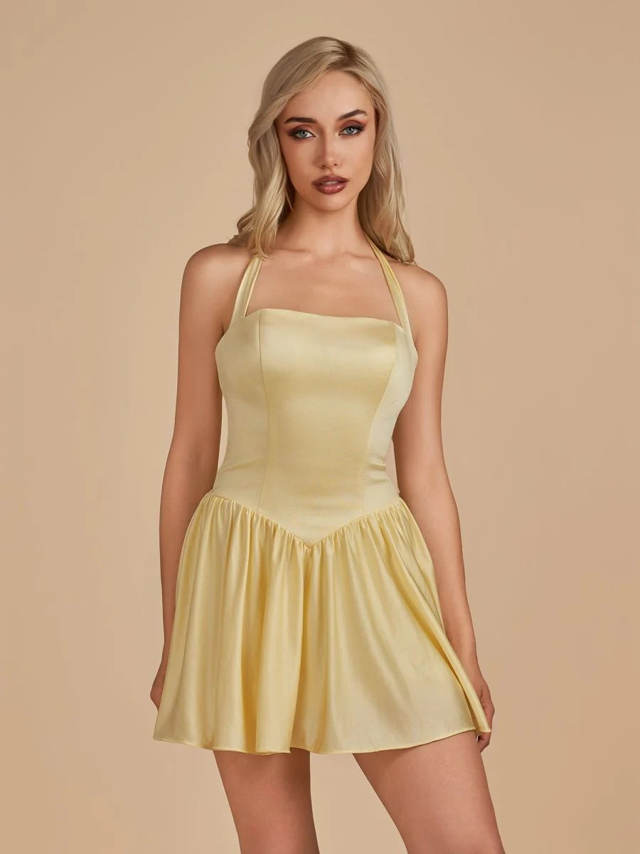 Yellow - Halter A Line Satin Short Homecoming Dress