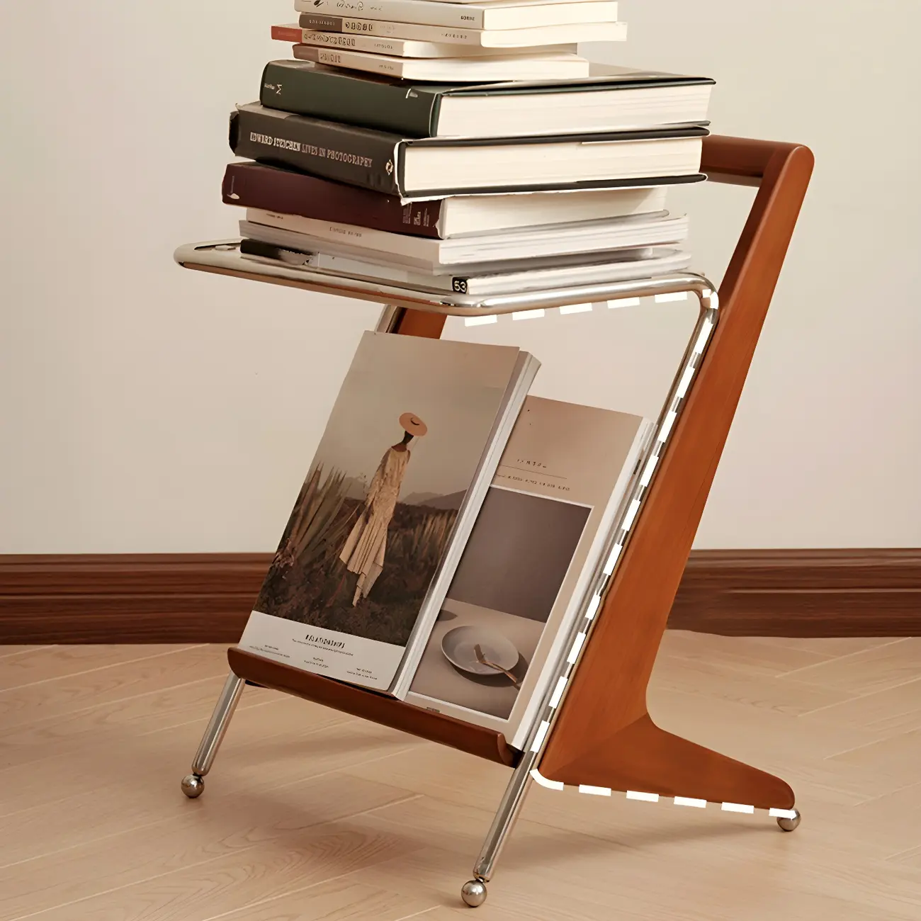 Unique Z-Shaped Solid Wood Glass Display Small Side Table