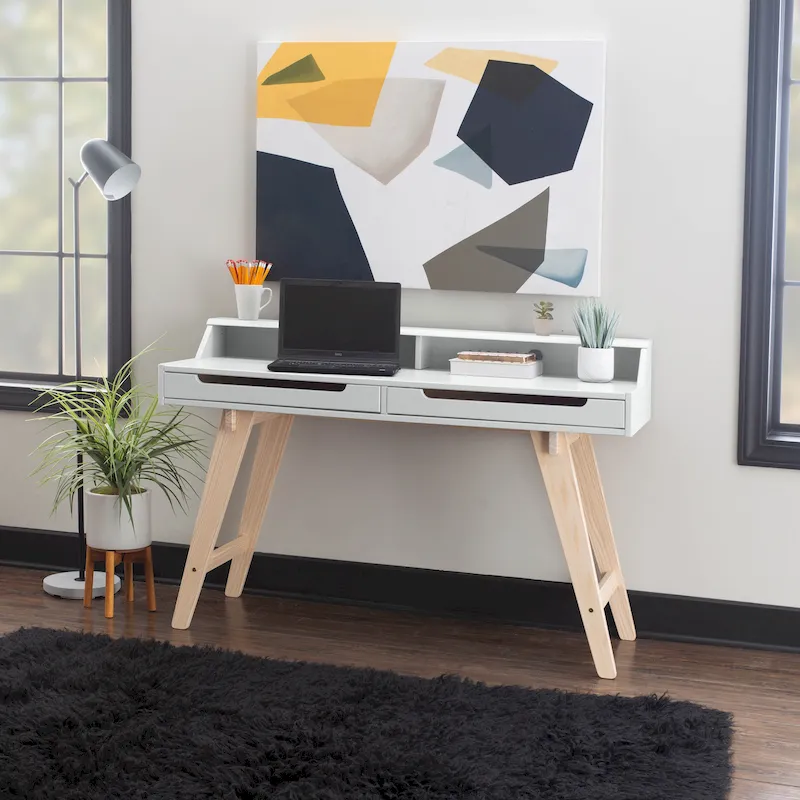 White / Grey / Black, 2-Drawer Writing Desk with Hutch, 1-Person