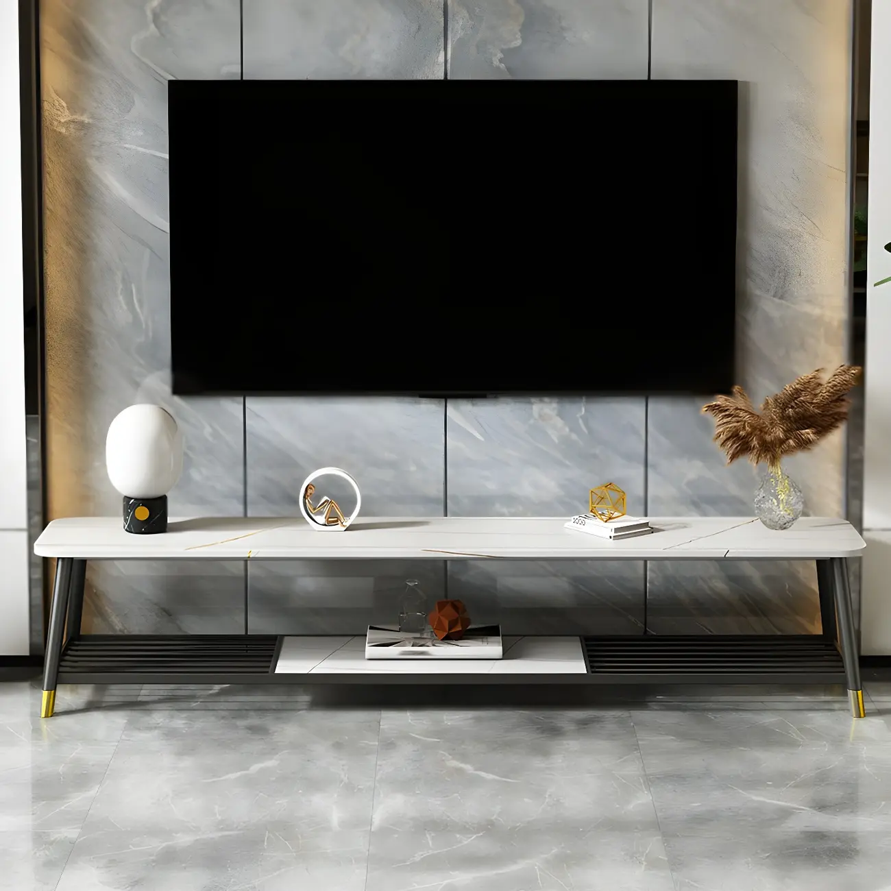 Modern White Stone TV Stand with Open Shelving