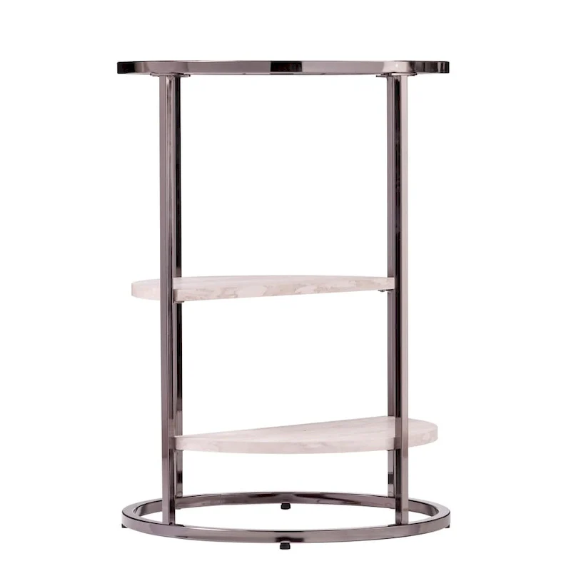Black/White Glass Top Round Side Table with Faux Travertine Shelves