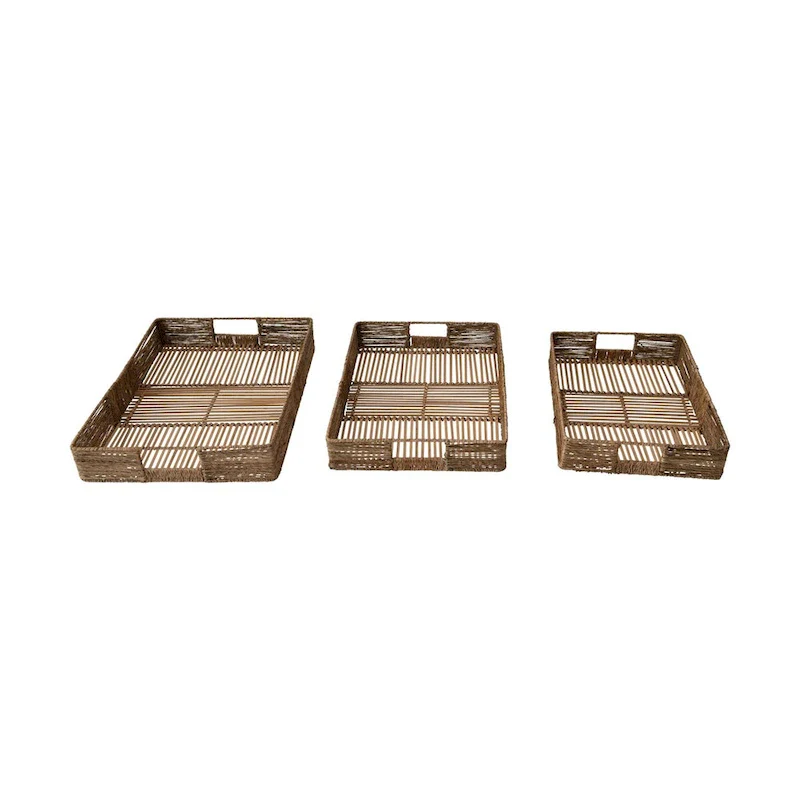 Hand-Woven Decorative Bamboo and Jute Trays with Handles, Set of 3