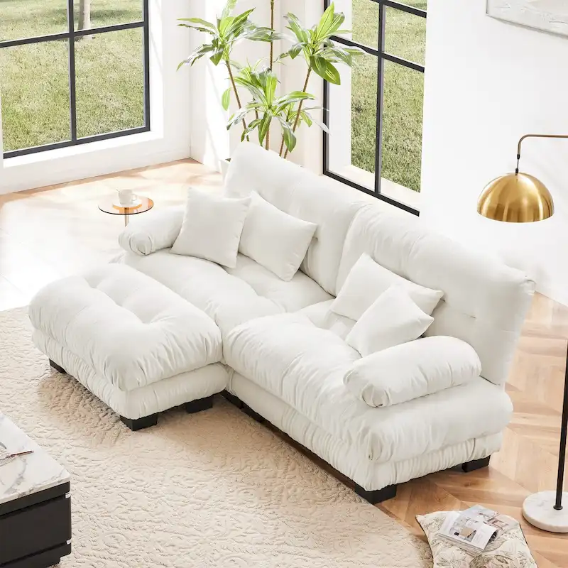 L Shaped Loveseat Sofa Chenille Sectional Couch with Lumbar Pillows