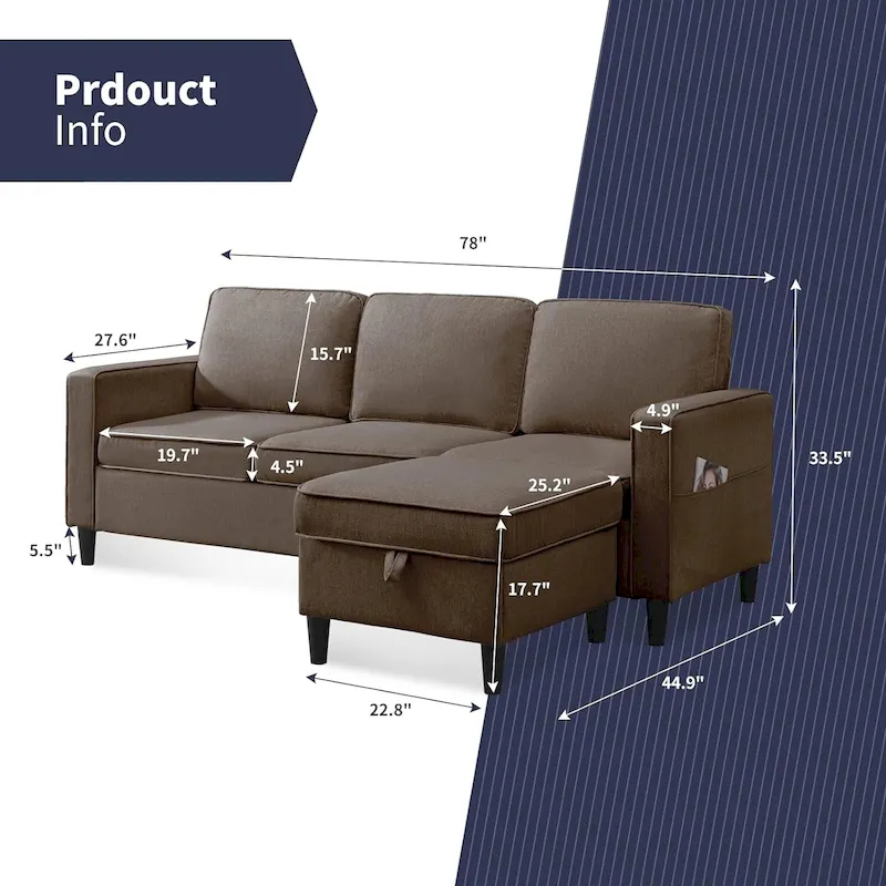 Mixoy 78inch Modern 3-Seat L Shaped Upholstered Sofa with Ottoman