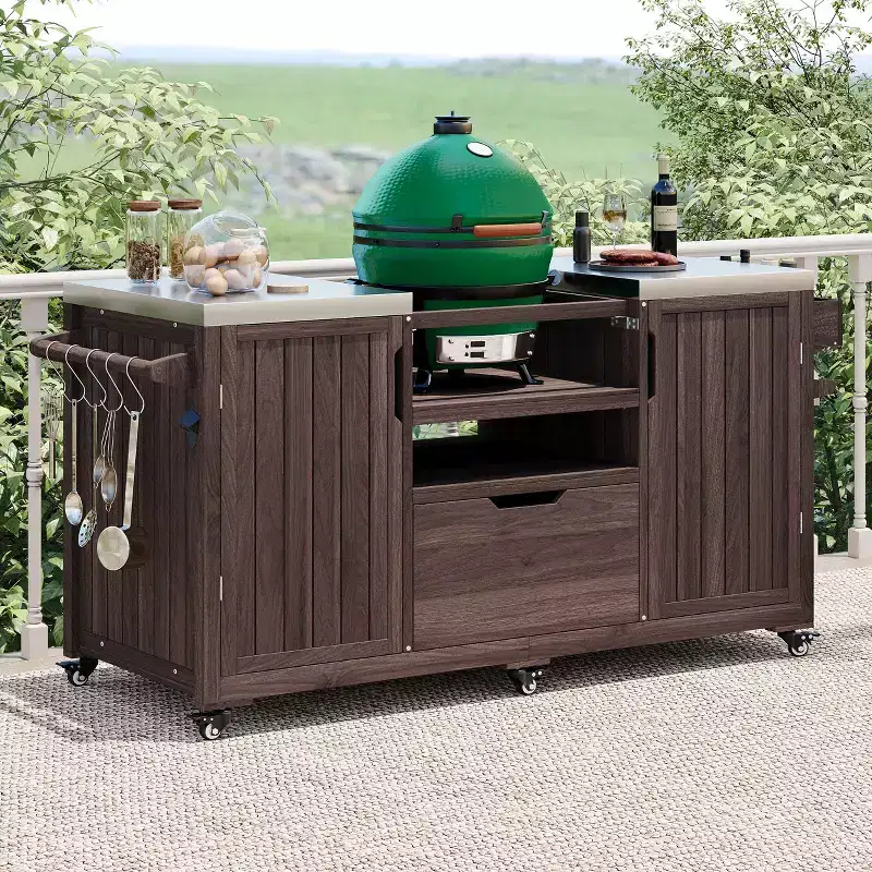 Okak Outdoor Kitchen Island with Steel Top & Rack,Solid Wood Grill Cart for Big Green Egg Grills,Storage Cabinet Dining Table