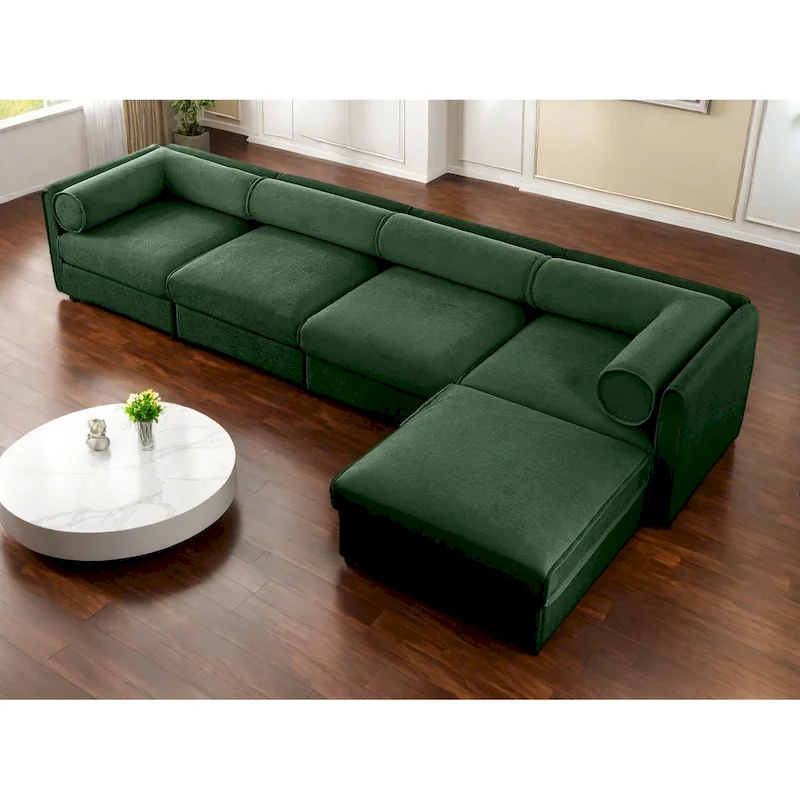 142.5 Chenille Upholstered L-Shaped Modular Sectional Sofa with Storage Seat
