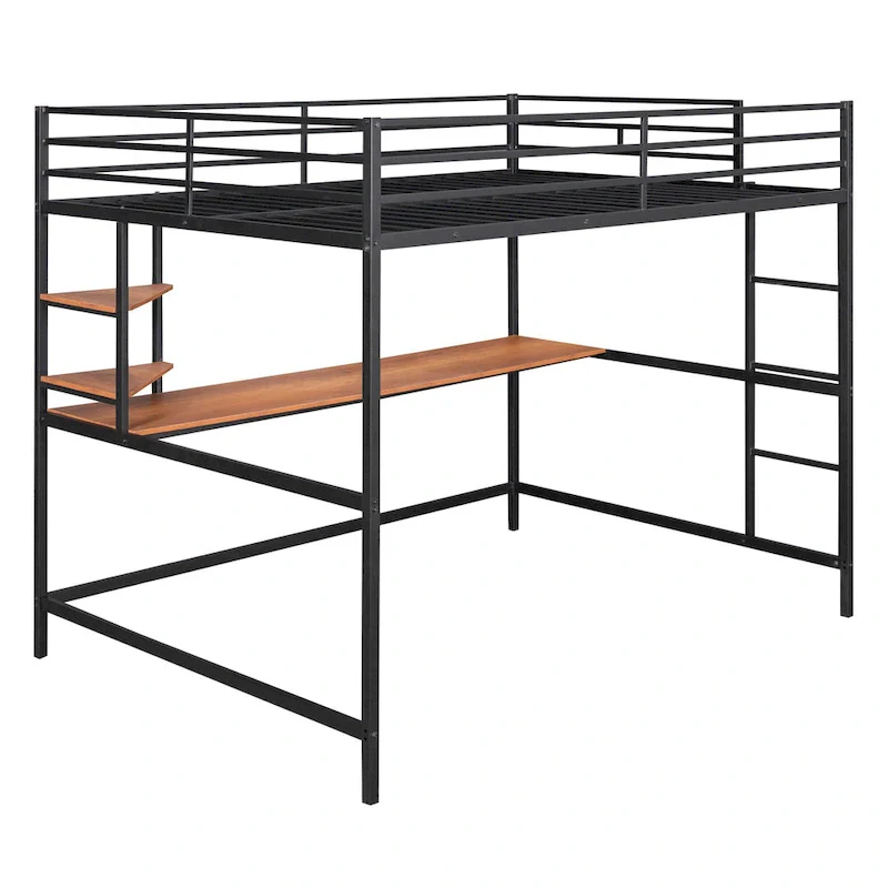 Black Full Size Metal Loft Bed with Desk, Ladder & Shelves | Kids & Teens