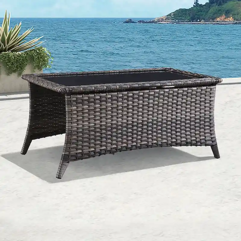 Grey Outdoor Rattan Coffee Table with Tempered Glass Top