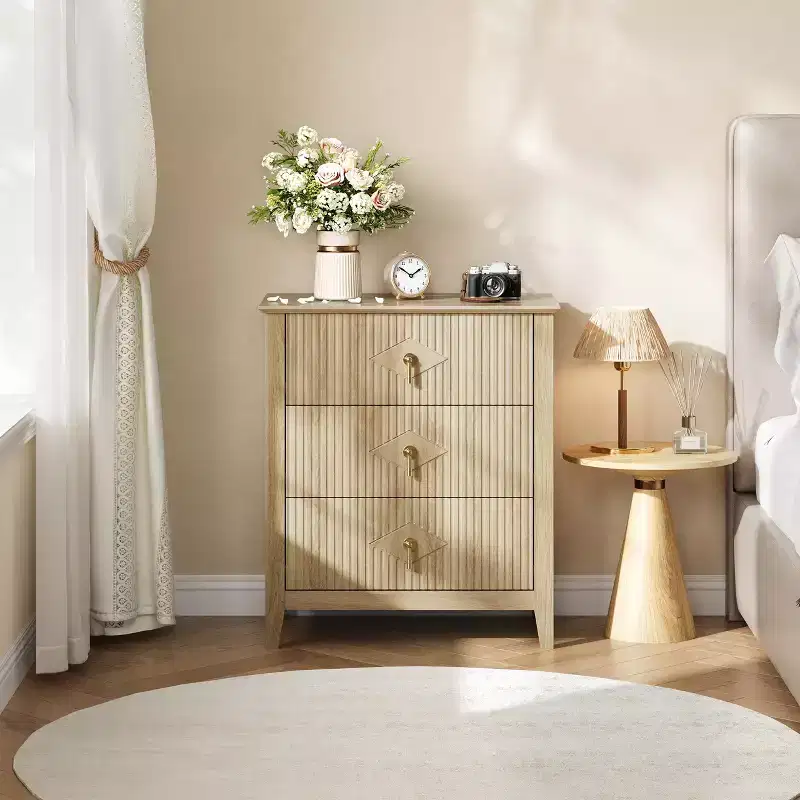Fluted 3 Drawers Dresser, 2pcs Chest of Drawers with Metal Handle, Wooden Dresser Organizer for Bedroom, Living Room, Hallway, Entryway, Natural