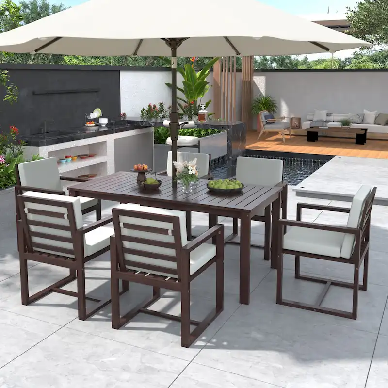 7-Piece Acacia Wood Patio Dining Set with Umbrella Hole & Armchairs