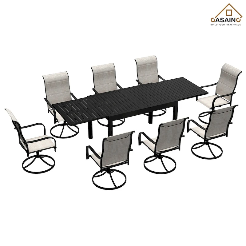 9 Piece Metal Frame Patio Dining Set, Aluminum Extendable Dining Table