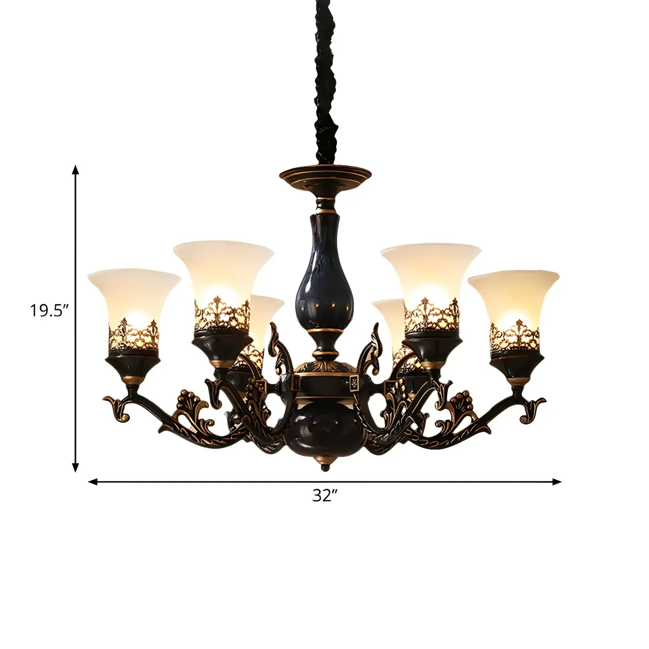 Mid-Century Living Room Black Frosted Wite Glass Bell Shape Chandelier