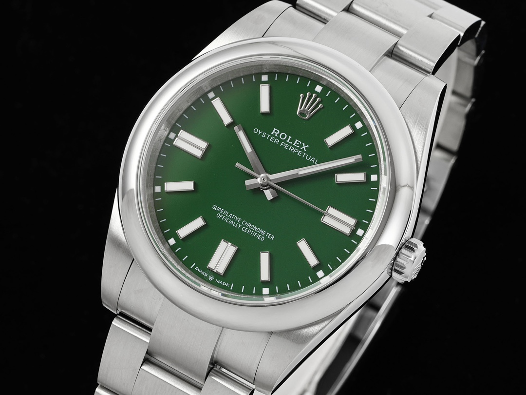 Close-up of green dial and hour markers