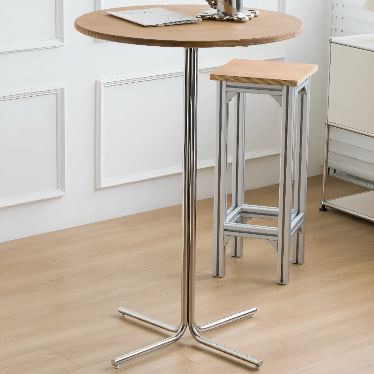 Modern Natural Wood Silver Metal Cross Legs Bar Tables