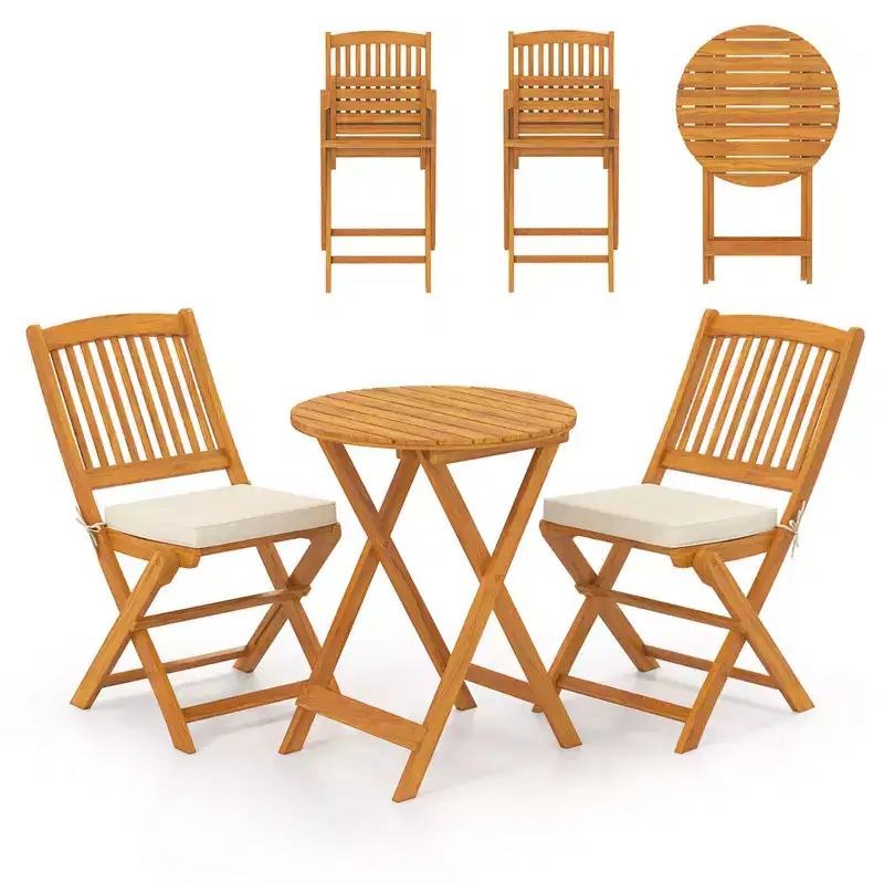 Costway 3PCS Patio Folding Wooden Bistro Set Cushioned Chair Conversation Cushion