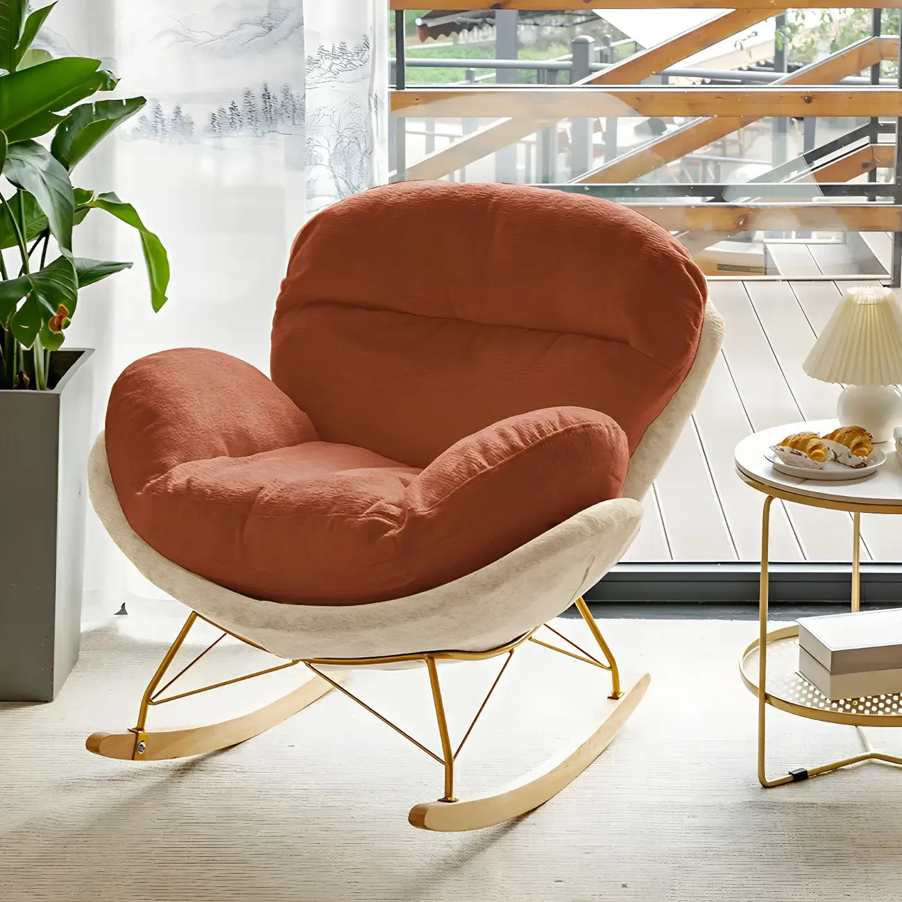 Modern Velvet Upholstered Rocking Chair with Wood Legs