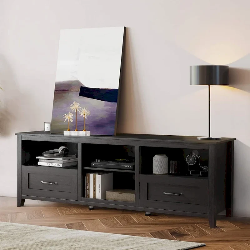 Black Industrial TV Stand with 2 Drawers & 4 Open Shelves, Single
