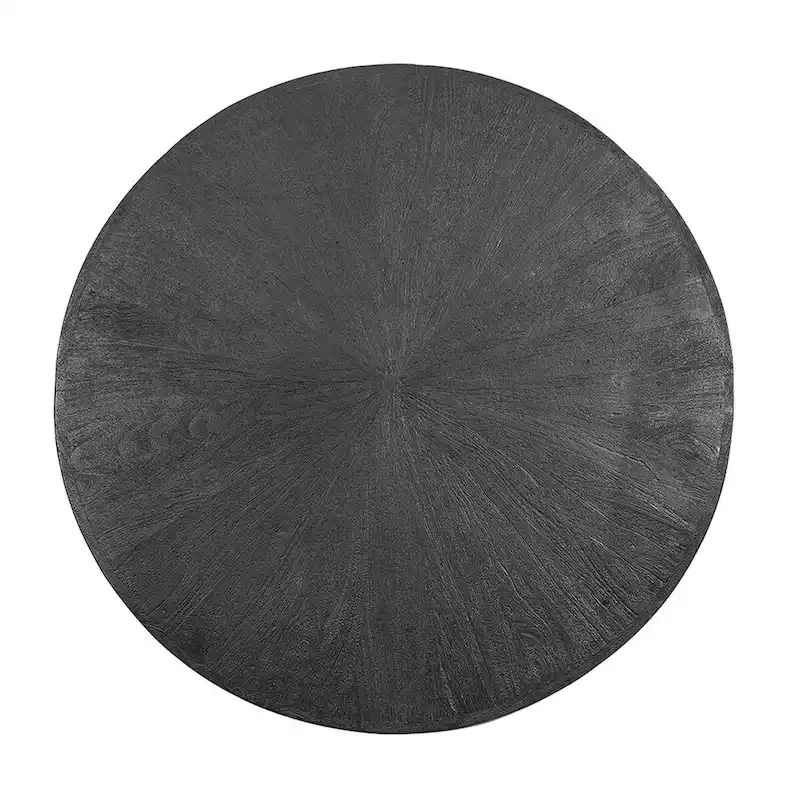 39 Inch Round Coffee Table, Cross Legs Design, Black Acacia Wood, Iron
