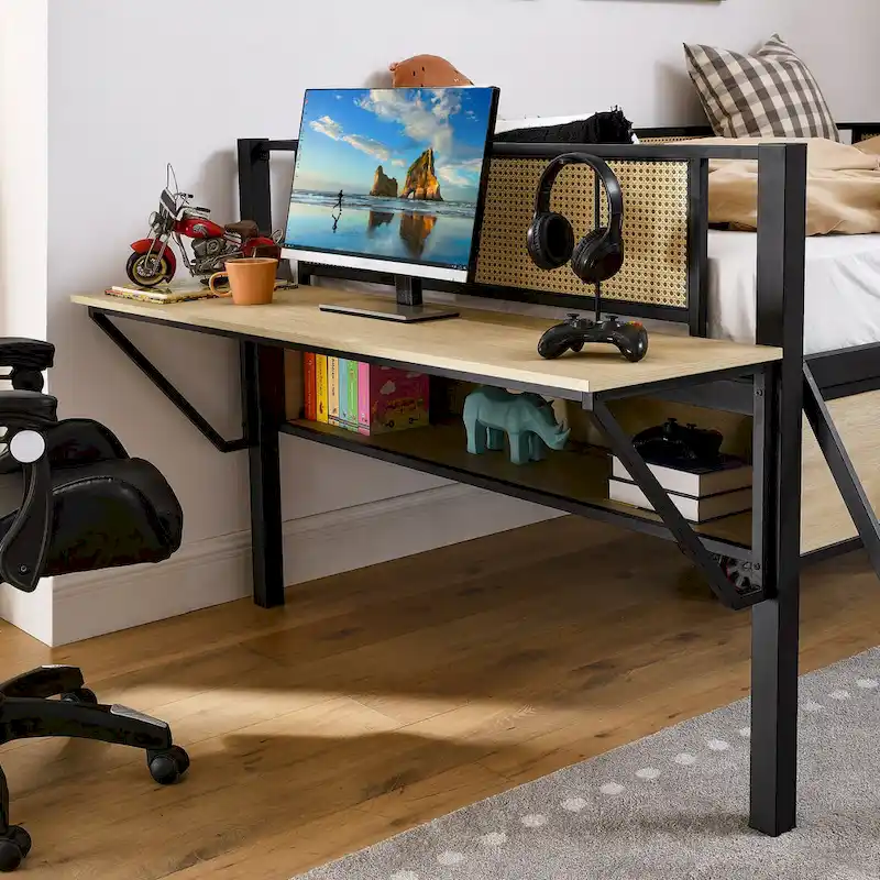 Black+Natural Full Size Metal Loft Bed with Rectangular Desk and Storage