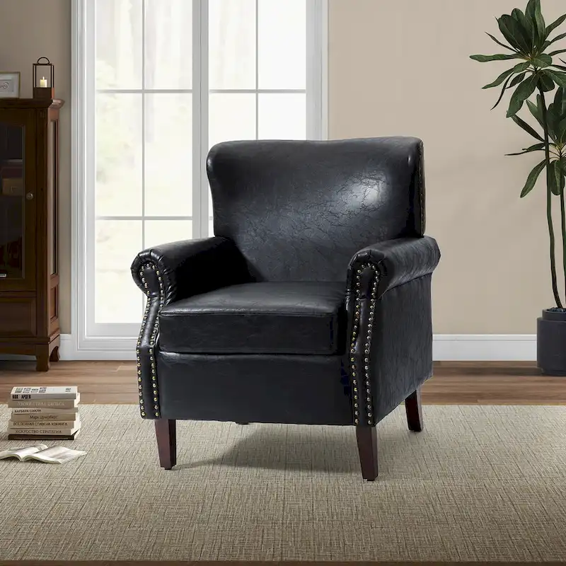 Levi Transitional Leather Armchair with Nailhead Trim Rolled Arms