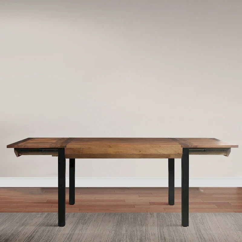 Extendable Rectangular Dining Table with Mango Wood Top and Black Iron Legs