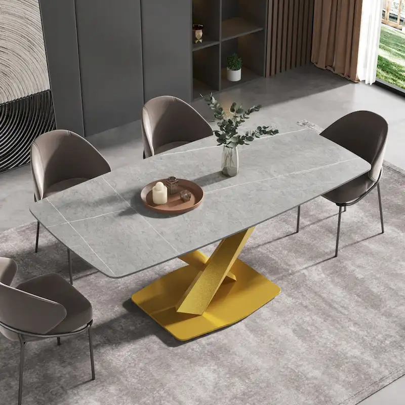 71  Modern Dining Table with Slate Stone Top and Metal Legs, Marble Dining Table