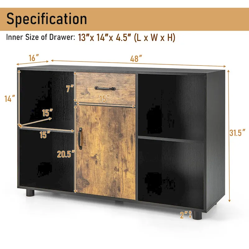 Costway Farmhouse Buffet Sideboard Coffee Bar File Cabinet Console - 48 x 16 x 31.5 (L x W x H)