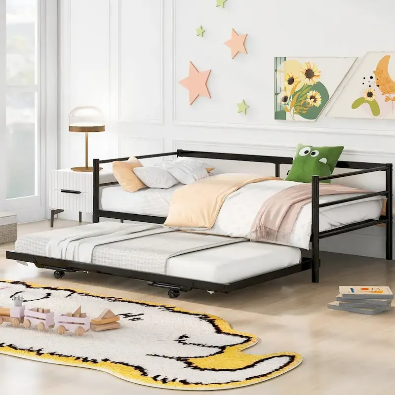 Black Metal Twin Daybed with Pop-Up Trundle, 2-Person, Industrial Style