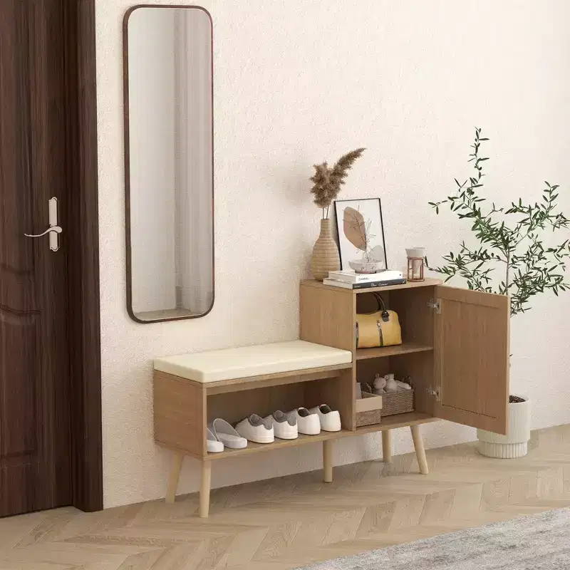 JVNOXK 2-in-1 Shoe Cabinet Storage Bench, PP Rattan Shoe Cabinet with 2 Adjustable Shelves and Removable Cushion, Shoe Organization Storage Cabinet