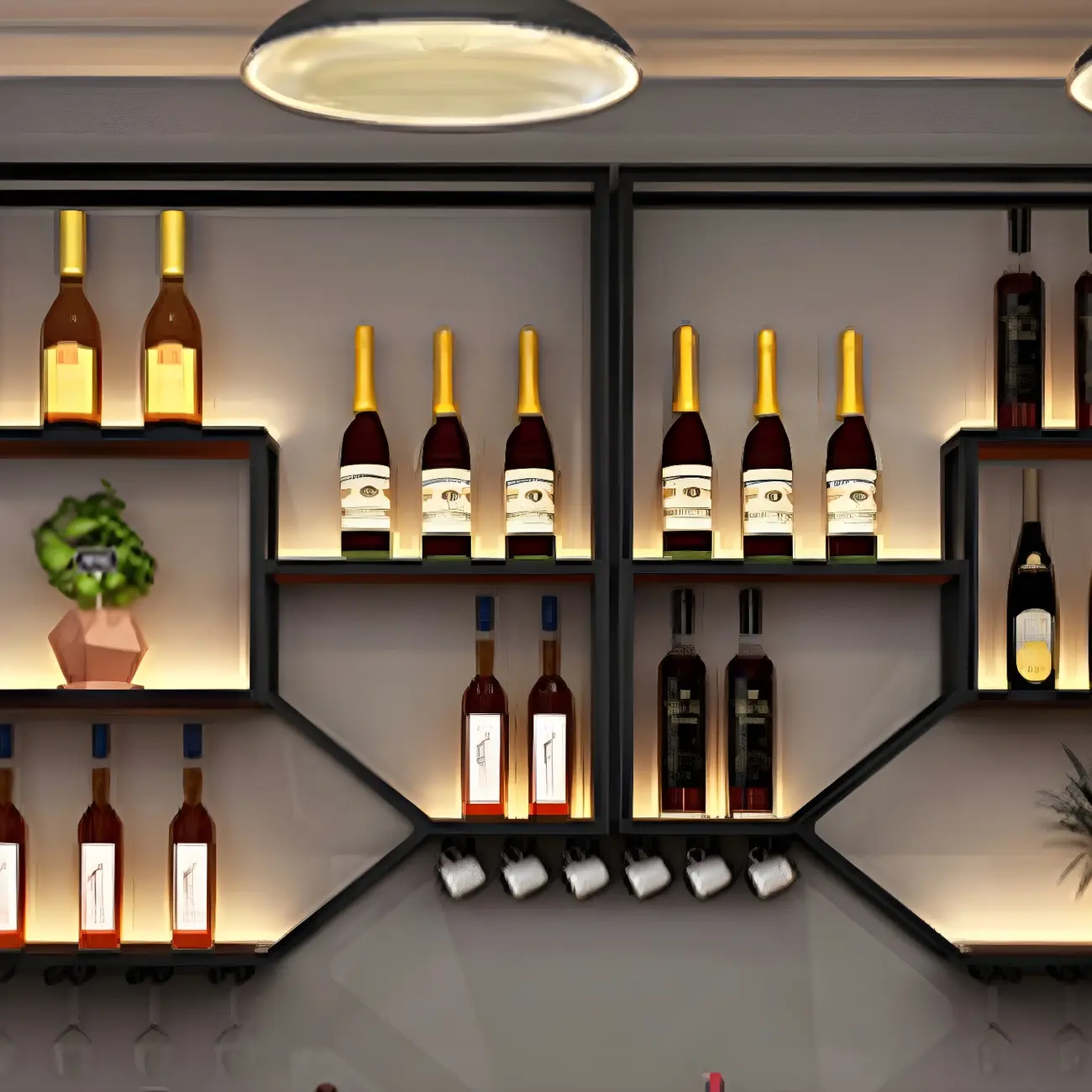 Black Metal Wall-Mounted Lighted Wine Rack