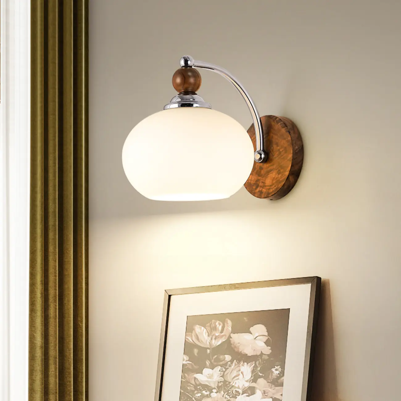 Milk Glass Drum Down Wall Sconce with Lumber and Metal Fixture