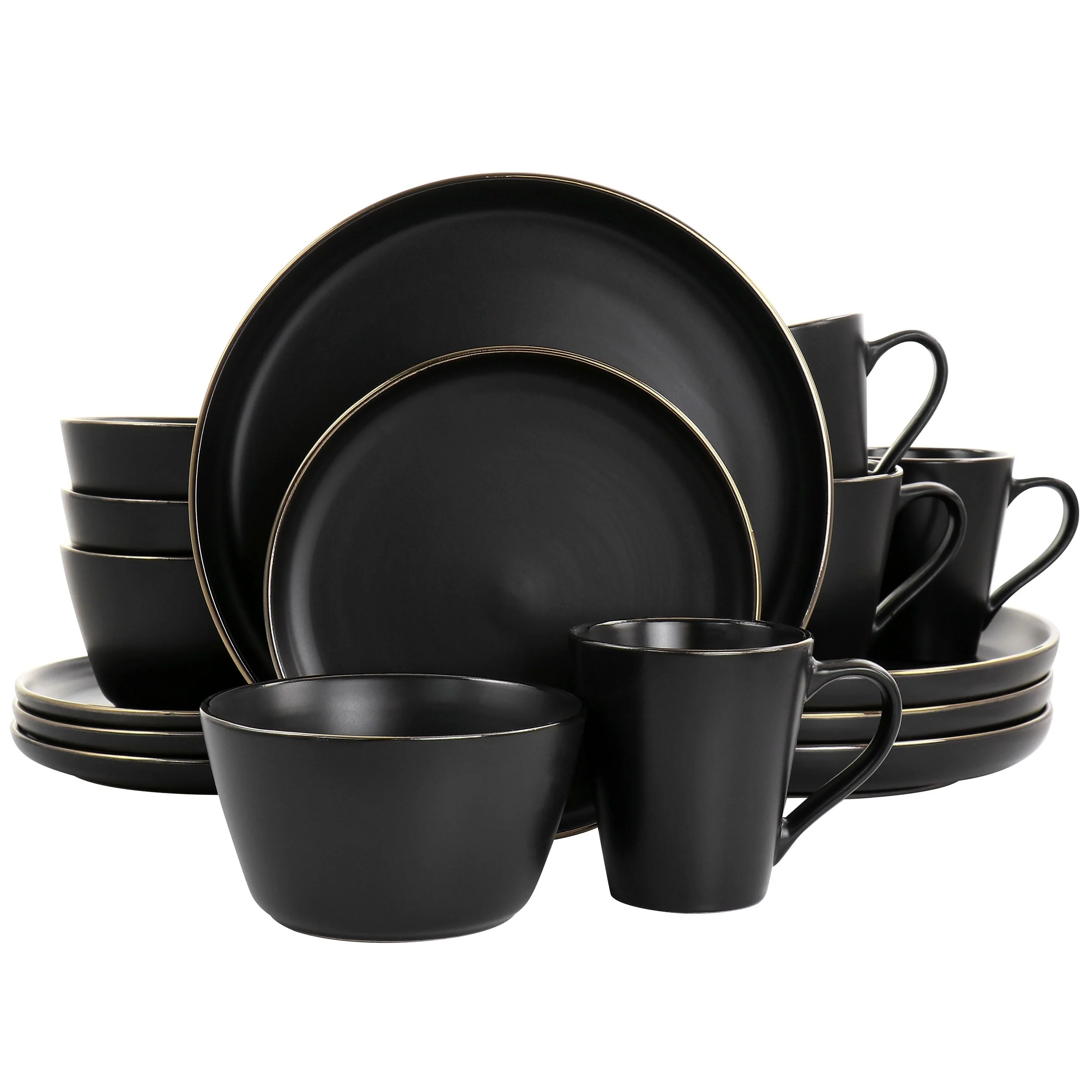 Stoneware Dinnerware 16 Piece Set in Black with Gold Rim