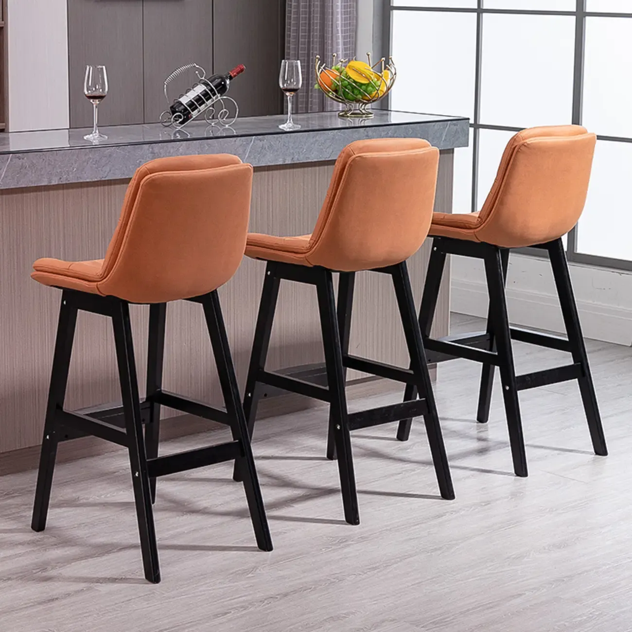 Scandinavian Wood Frame Leather Ergonomic Bucket Bar Stool