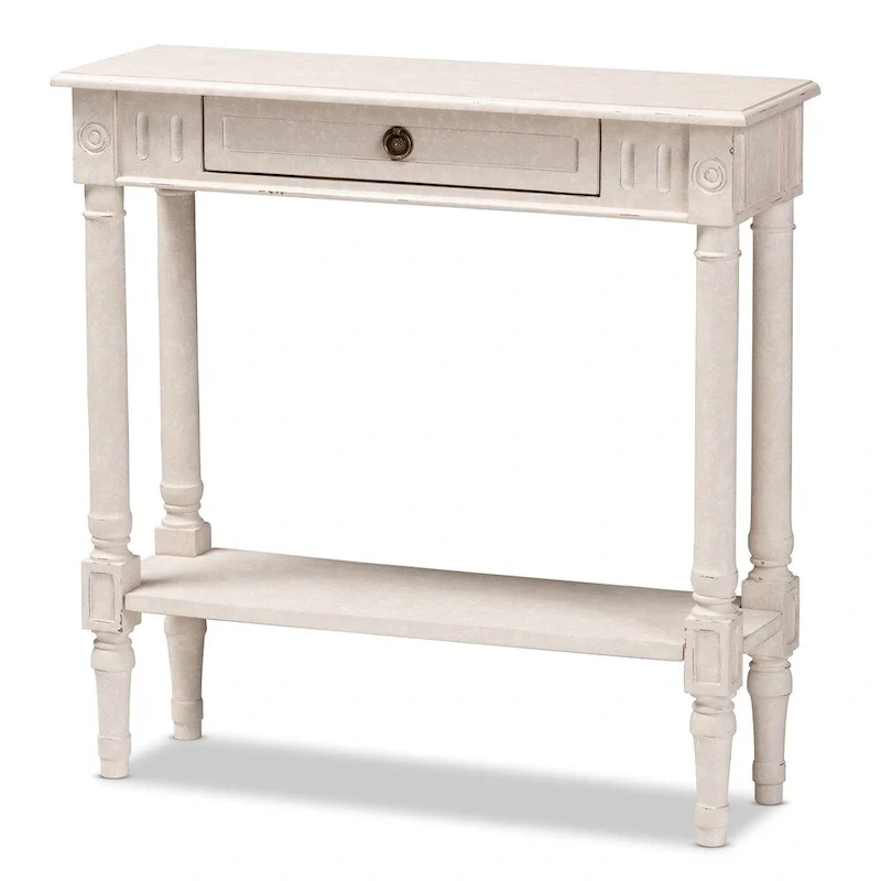 Whitewashed Farmhouse Console Table with 1 Drawer, Bottom Shelf & Ball-Turned Legs – Single Unit