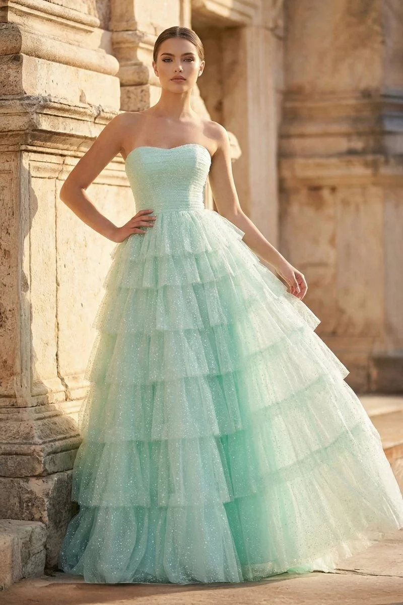 Mint Green Sweetheart Tulle Tiered A-Line Long Prom Dress with Slit