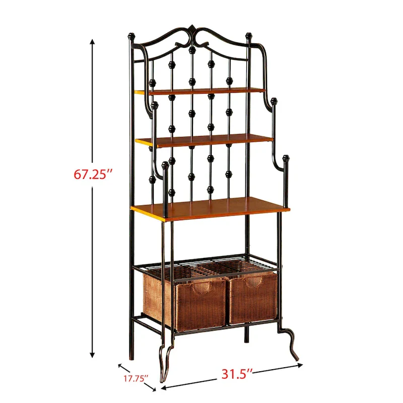 Black Baker's Rack with Rattan Baskets and Mission Oak Shelves