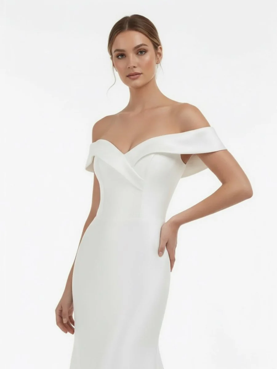 Chic Satin Off the Shoulder Sleeveless Sweep-Train Bridal Dress