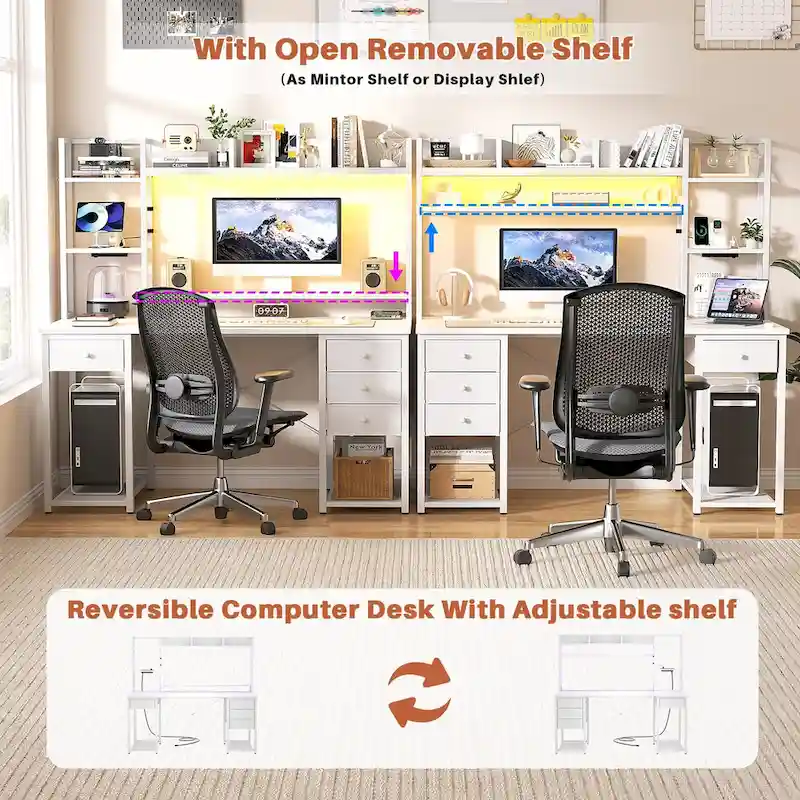 Gaming Desk with Hutch and Drawers, Office Computer Desk with Charge Station and LED Light