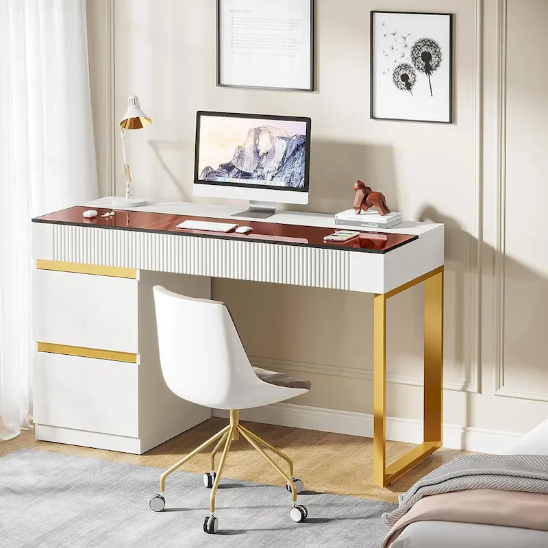 Desk - White & Gold - 4 Drawers with Glass Top