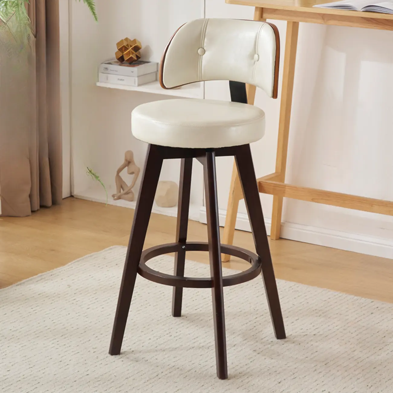 Natural Wood Round Leather Swivel Bar Stools