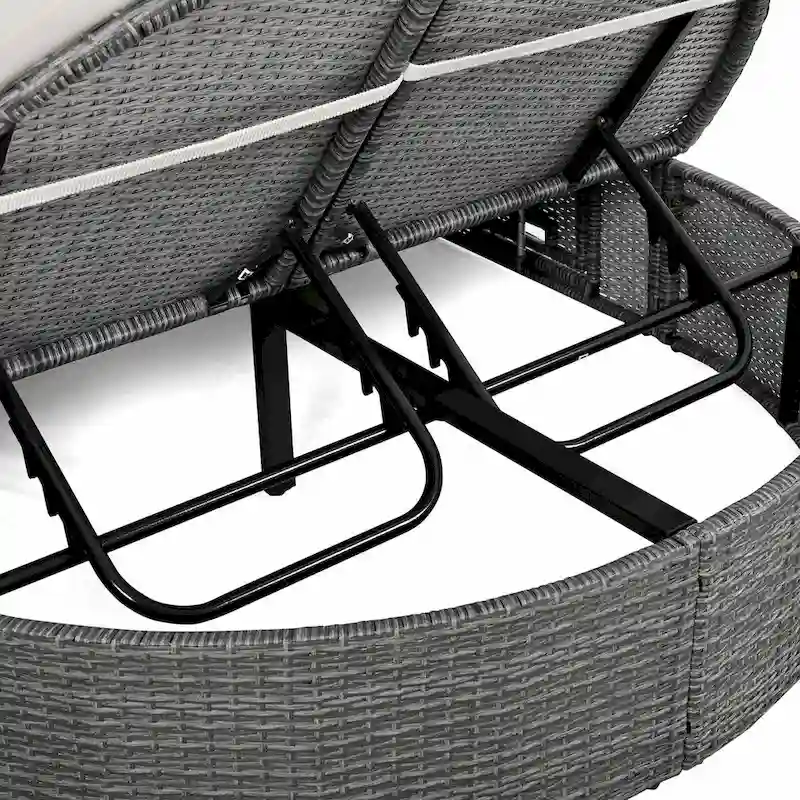 Rattan Patio Daybed with Cushions, Reclining Chaise Lounge, Foldable Trays