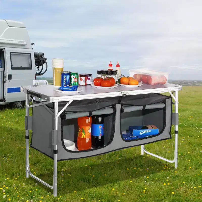 VEVOR Camping Kitchen Table, Quick set-up Folding Camping Table with A Carrying Bag, 3 Adjustable Heights, MDF Camping Table