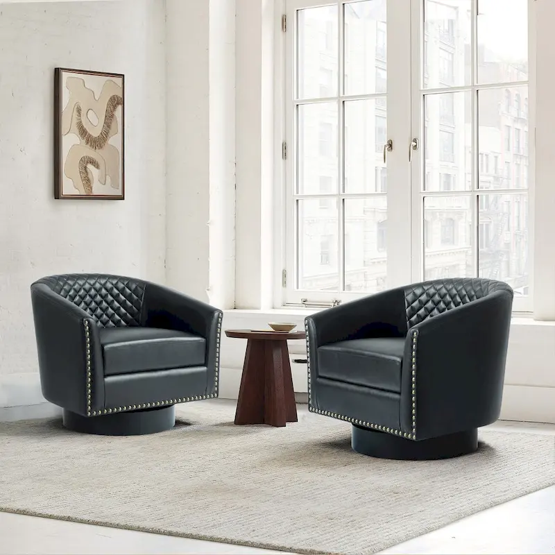 Faux Leather Nailheads Swivel Barrel Chair Set of 2