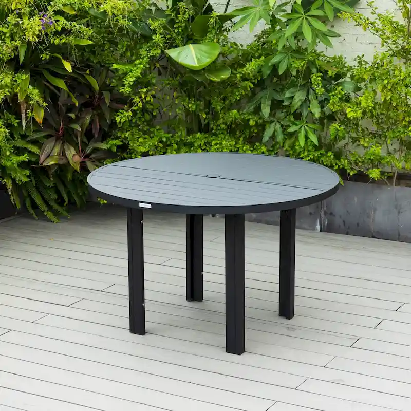 Round Outdoor Dining Table, Slatted Aluminum Top, Umbrella Hole, Powder-Coated, 48 in / 60 in, 4-6 Person Use