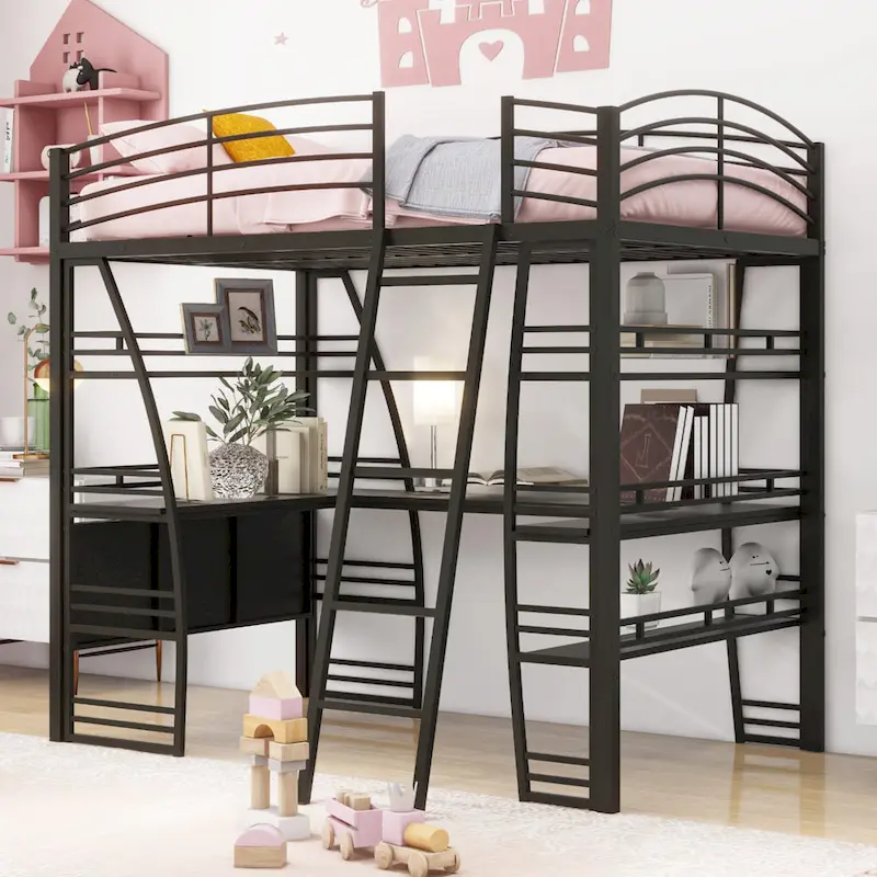 Full Size Metal Loft Bed with Shelves, L-Shaped Desk, Sockets, USB Ports, Wireless Charging