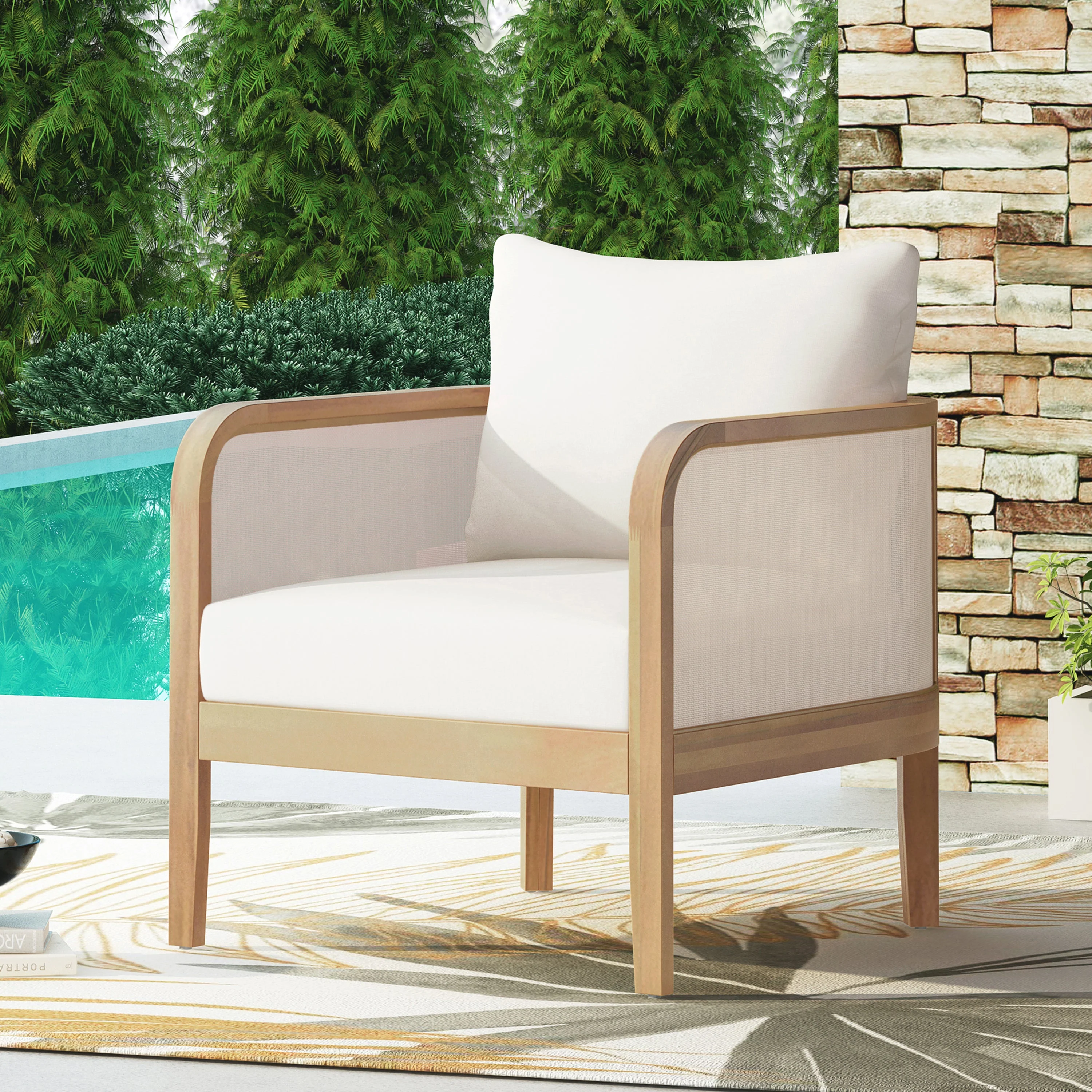 Modern Acacia Wood Outdoor Club Chair with Beige Water-Repellent Cushions