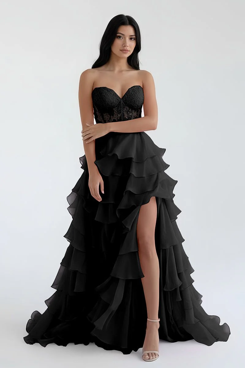 Royal Blue Chiffon Sweetheart Ruffle Tiered Long Prom Dress