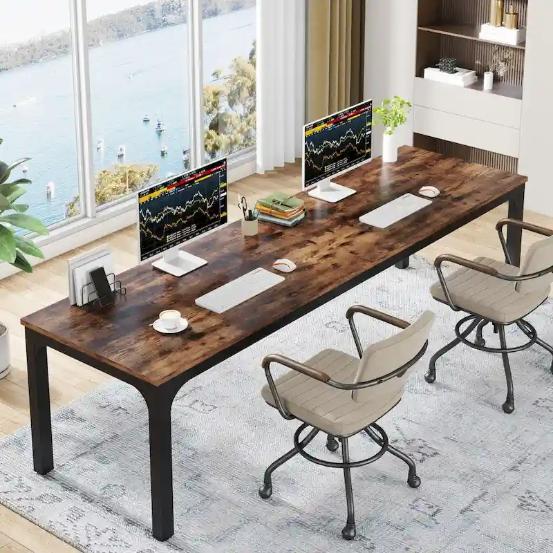 78.7-inch Extra Long Computer Desk – Brown / Black / White / Taupe / Natural / Brown & White, Industrial, For 2 Persons