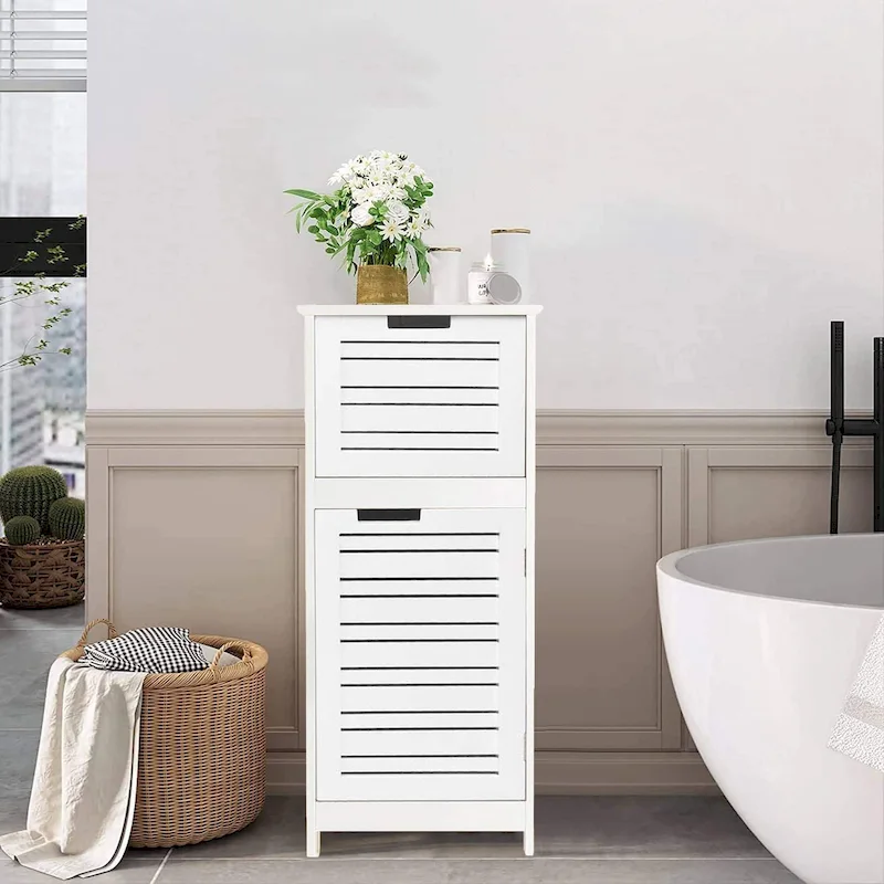 White Satin Bathroom Floor Cabinet with Drawer & Vented Door