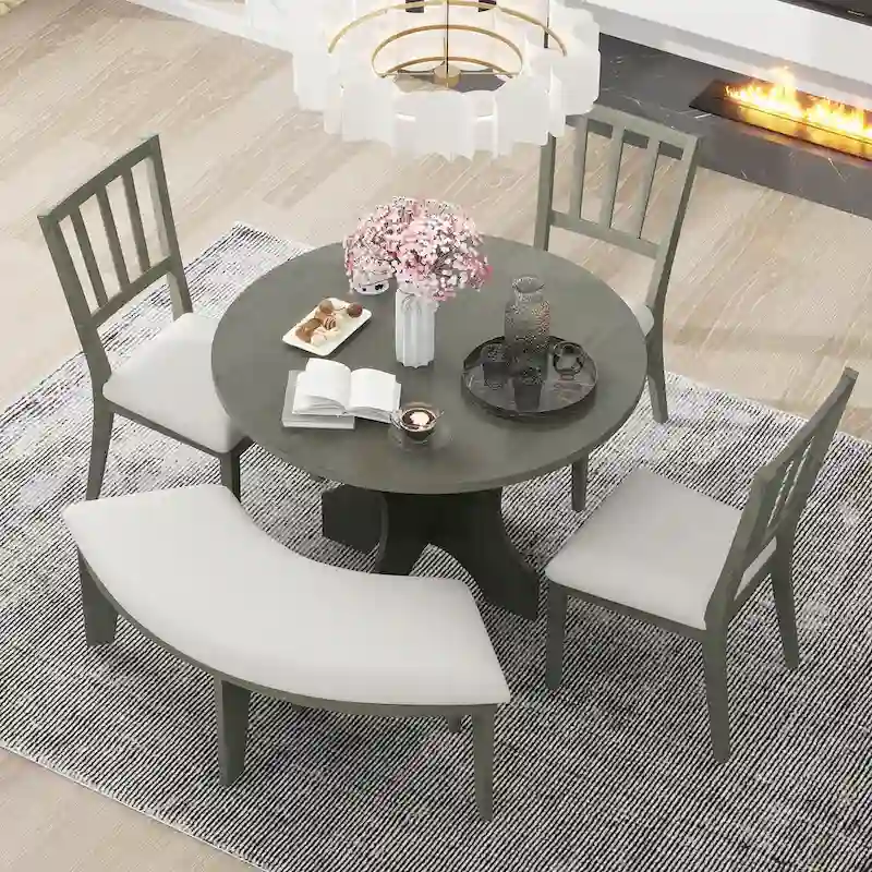 Modern Country Dining Table and Chair Sets Multi-Functional Dining Table and Chair Sets with Curved Table Base and Curved Bench